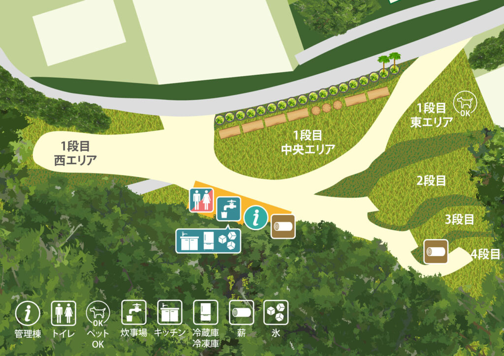nightvistaキャンプ場地図
管理棟・トイレ・炊事場・キッチン・冷蔵庫/冷凍庫・薪・氷
1段目西エリア・1段目中央エリア・1段目東エリア(ペットOK区画)・2段目・3段目・4段目